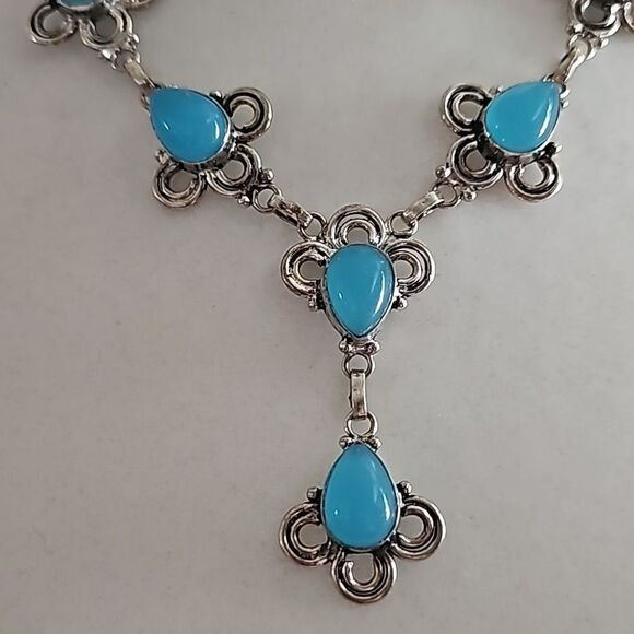 Blue Chalcedony Stone Necklace 18" Silver Plated - Picture 3 of 6